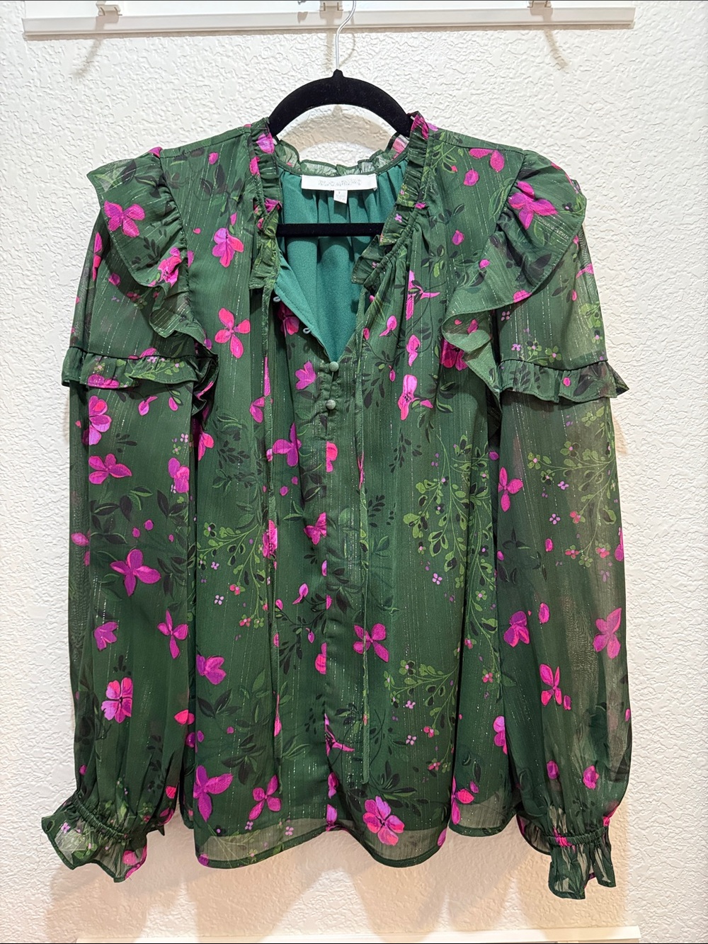 Sugarlips Green Floral Ruffle Blouse with Pink Flowers